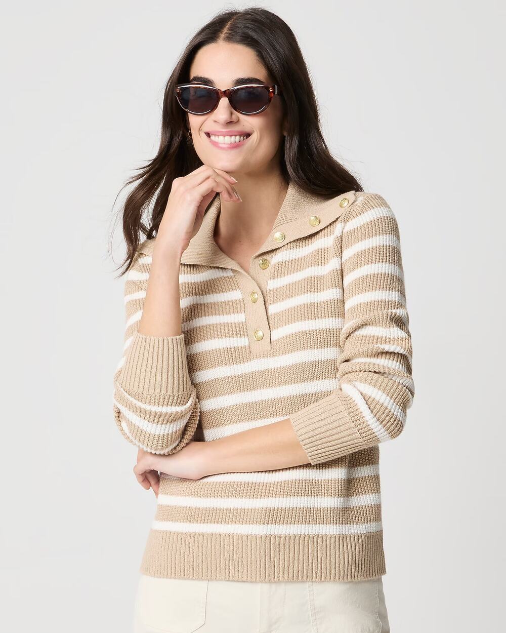 J. Crew Striped Long Sleeve Button-Neck Pullover Sweater Beige White XXS NWT